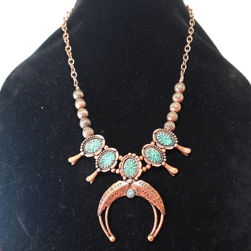 Copper Tone Western Squash Blossom Necklace Faux Turquoise Naja Native Pendant